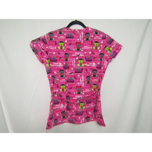 Cassandra O Scrub Top Women’s Small Pink Halloween Cats Frankenstein Dracula - Picture 2 of 5